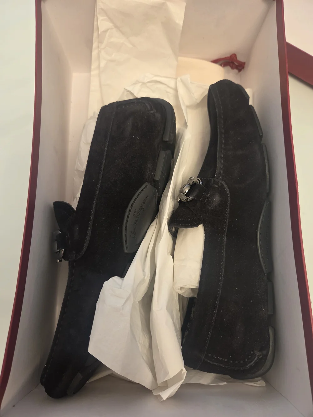 Salvador ferragamo Men's Black Suede Slip-On Loafers Silver Bit Accent